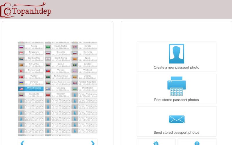 Màn hình Passport Size Photo Maker với tùy chọn kích thước ảnh quốc tế
