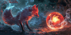 Hình nền hồ ly 9 đuôi với viên ngọc lửa huyền thoại, mang đậm phong cách thần thoại